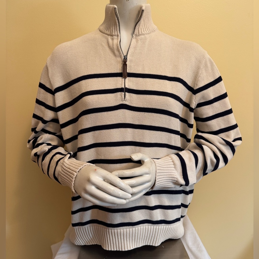 Brandy Melville Women’s Quarter Zip Striped Sweater - Cream and Navy